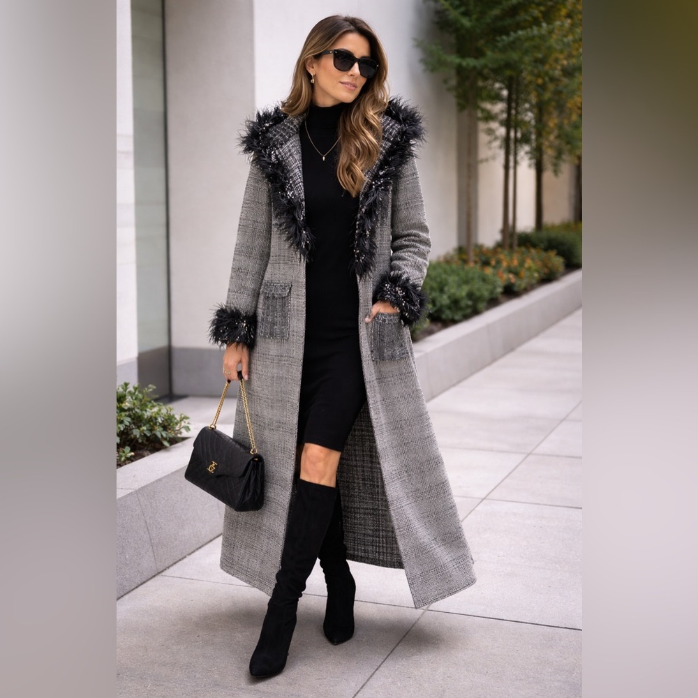 Chic Gray Plaid Fringe Trim Coat made in dubai